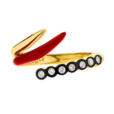 Bloody Tiger Claws Seven Diamonds Open Ring in 18K Yellow Gold & Enamel