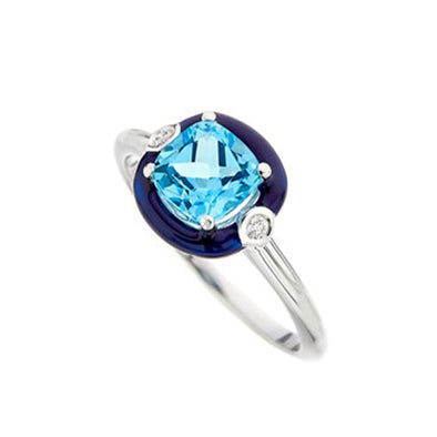 Diamond & Cushion Swiss Blue Topaz Solitaire Ring in 18K White Gold & Enamel