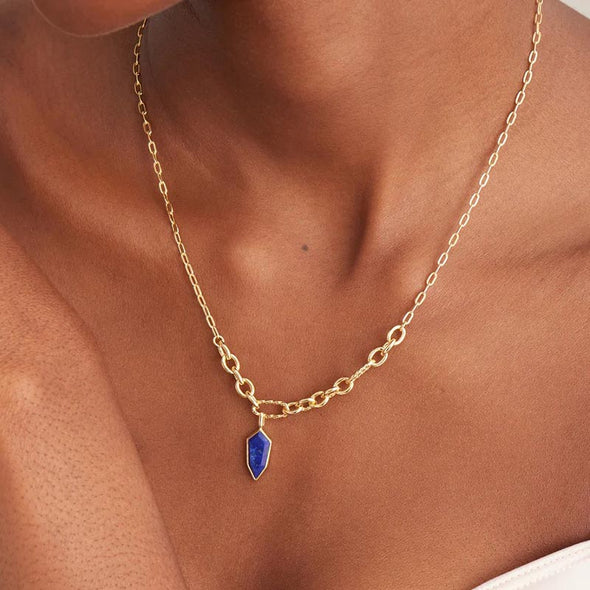 Lapis Emblem Pendant Sterling Silver Necklace plated in 14K Gold