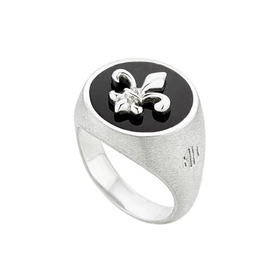 Fleur de Lis Chevalier Sterling Silver Ring plated in Platinum with Black Enamel (No 55)