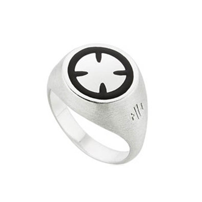 Maltese Cross Chevalier Sterling Silver Ring plated in Platinum with Black Enamel
