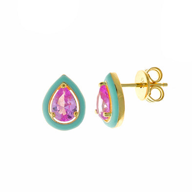 Color Block Pink Stone Sterling Silver Stud Earrings plated in 18K Gold