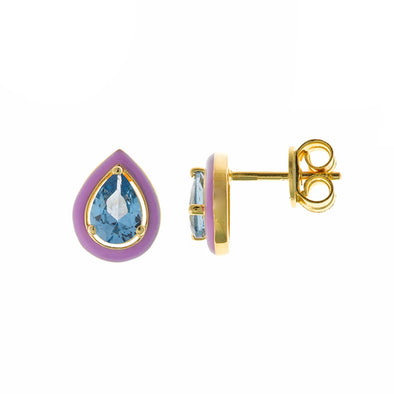 Color Block Blue Stone Sterling Silver Stud Earrings plated in 18K Gold