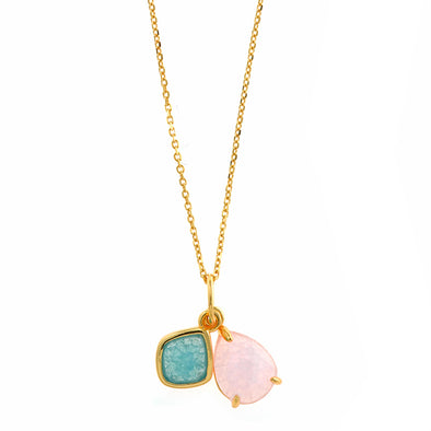 Pink & Turquoise Crystals Sterling Silver Necklace plated in 18K Gold