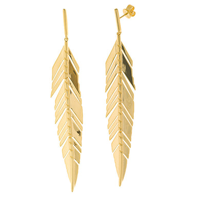 Large Feather Sterling Silver Earrings plated in 18K Gold