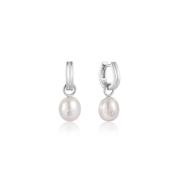 Silver Pearl Drop Sparkle Huggie Hoop Earrings