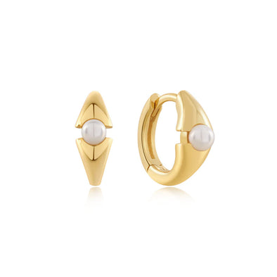 Gold Pearl Geometric Huggie Hoop Earrings