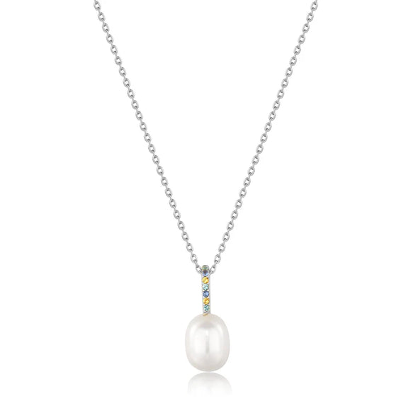 Silver Gem Pearl Drop Pendant Necklace