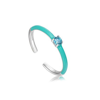 Teal Enamel Silver Sterling Silver Adjustable Ring plated in Rhodium