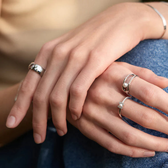 Silver Pearl Modernist Band Ring