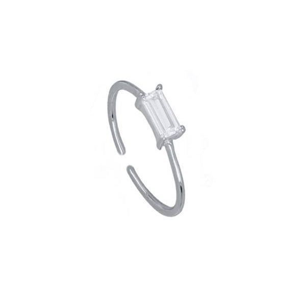 Open Baguette Sterling Silver Ring plated in Rhodium