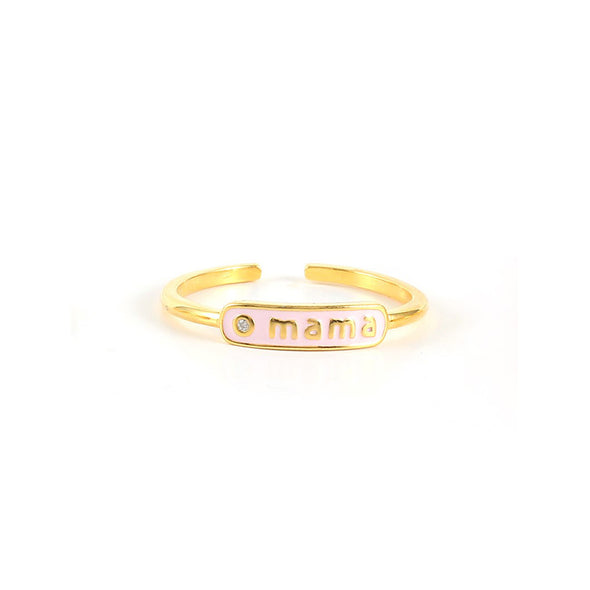 Mama Sterling Silver Ring plated in 18K Gold with Pink Enamel