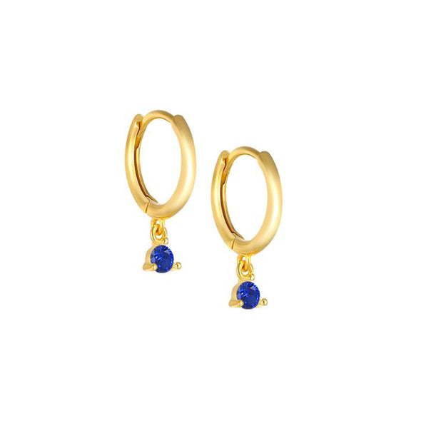 One Stone Hoops Sterling Silver Earrings plated in 18K Gold with Blue Stones