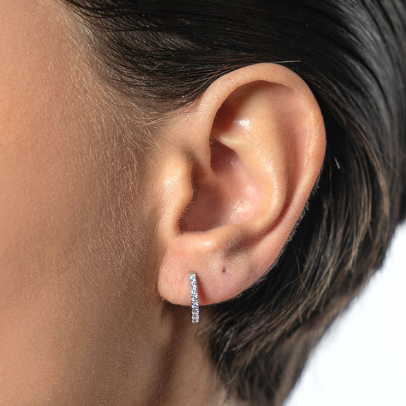 Small Stone Sterling Silver Hoops Earrings plated in Rhodium
