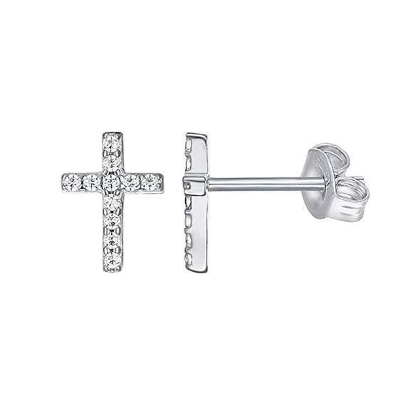Small Cross Sterling Silver Earrings plated in Rhodium