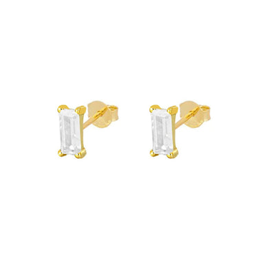 Emerald Shape Sterling Silver Earrings plated in 18K Gold with White Stone