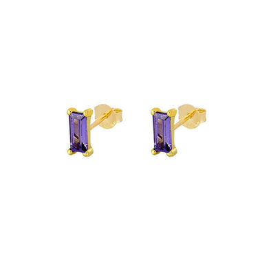 Emerald Shape Sterling Silver Earrings plated in 18K Gold with Purple Stone