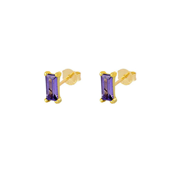 Emerald Shape Sterling Silver Earrings plated in 18K Gold with Purple Stone
