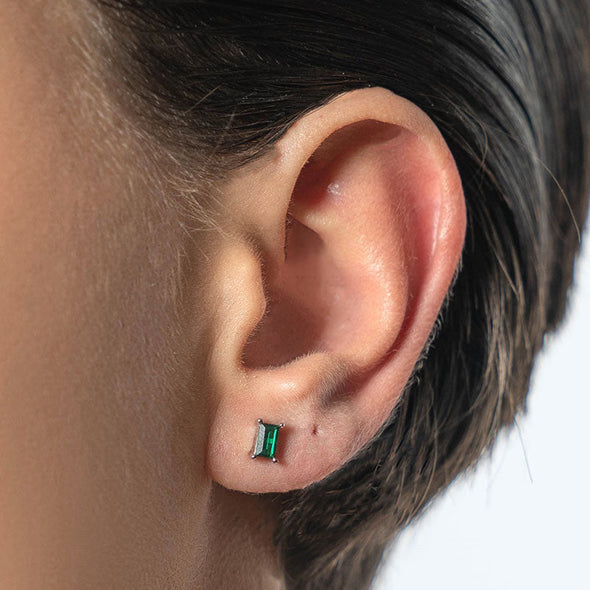 Emerald Shape Sterling Silver Earrings plated in 18K Gold with Green Stone