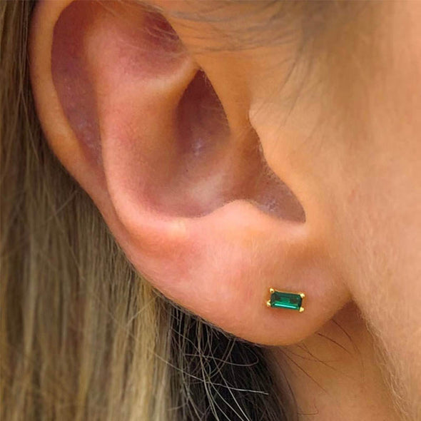 Emerald Shape Sterling Silver Earrings plated in 18K Gold with Green Stone
