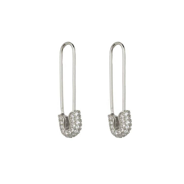 Safety Pin Sterling Silver Earrings plated in Rhodium