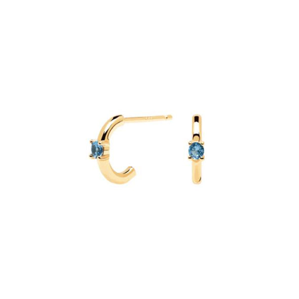 Tiny One Blue Stone Hoops Sterling Silver Earrings plated in 18K Gold
