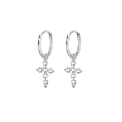 Stone Cross Sterling Silver Earrings plated in Rhodium