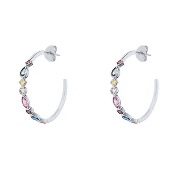 Multi Color Stone Hoops Sterling Silver Earrings plated in Rhodium