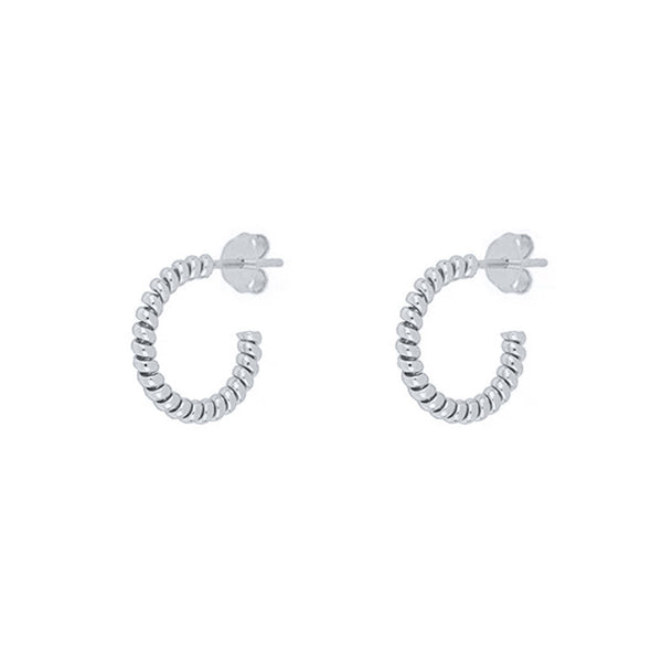 Twisted Small Sterling Silver Hoop Earrings plated in Rhodium