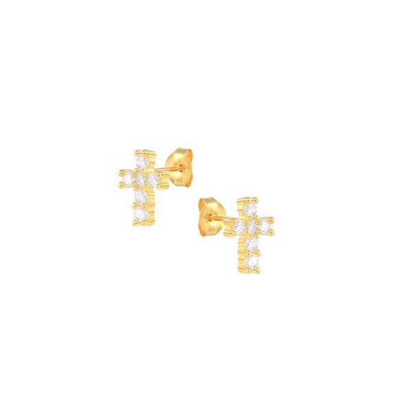 Tiny Cross Stone Sterling Silver Earrings plated in 18K Gold