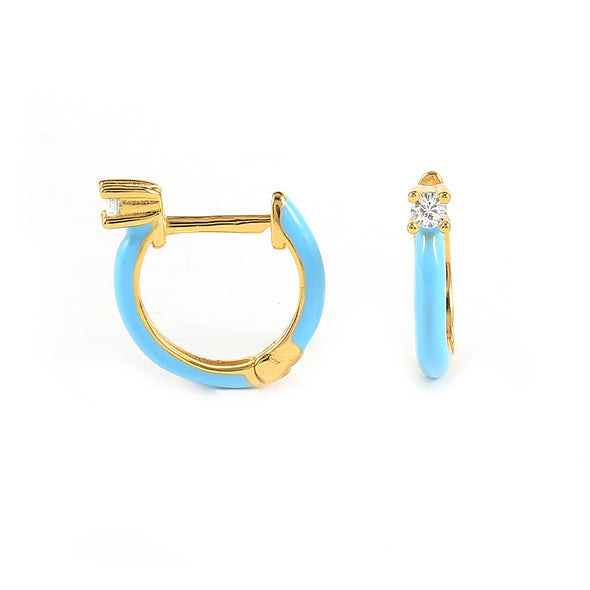 Small Hoop Sterling Silver Earrings plated in 18K Gold with Turquoise Enamel