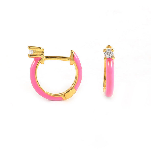 Small Hoop Sterling Silver Earrings plated in 18K Gold with Pink Enamel