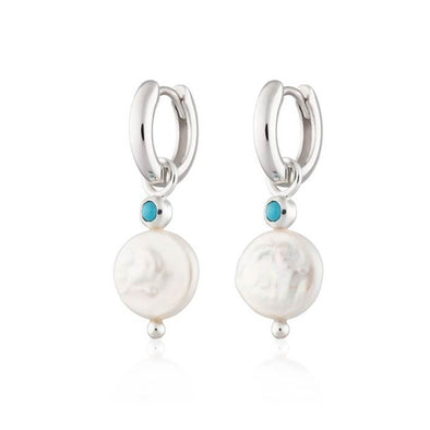 Pearl & Turquoise Sterling Silver Earrings plated in Rhodium