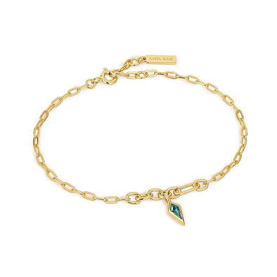 Teal Sparkle Drop Pendant Sterling Silver Chunky Chain Bracelet plated in 14K Gold
