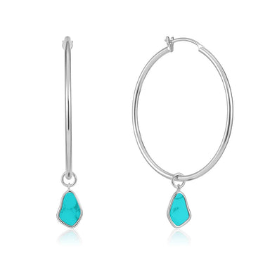 Tidal Turquoise Drop Sterling Silver Hoop Earrings plated in Rhodium