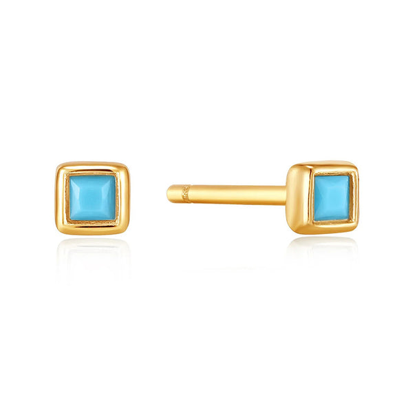 Turquoise Square Sterling Silver Stud Earrings plated in 14K Gold