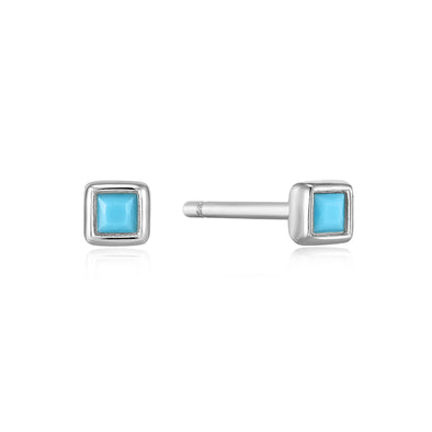 Turquoise Square Sterling Silver Stud Earrings plated in Rhodium