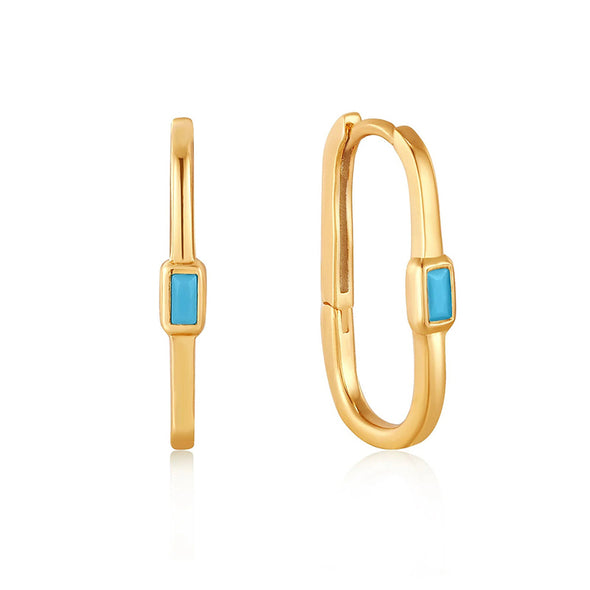 Turquoise Oval Sterling Silver Hoop Earrings plated in 14K Gold