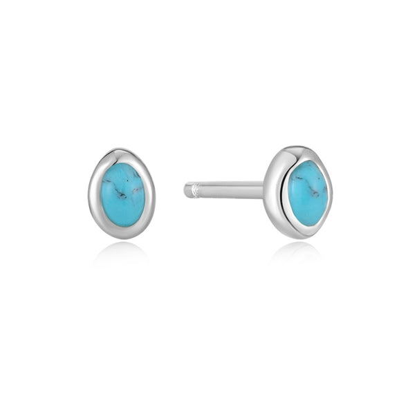Turquoise Wave Sterling Silver Stud Earrings plated in Rhodium