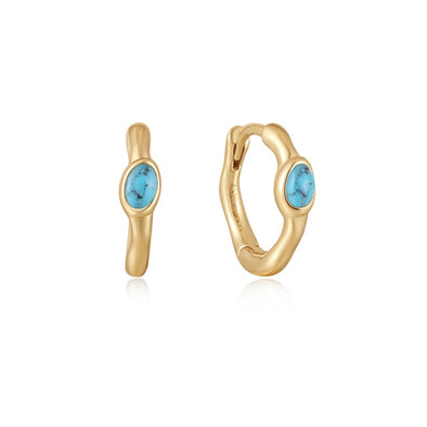 Turquoise Wave Sterling Silver Huggie Hoop Earrings plated in 14K Gold