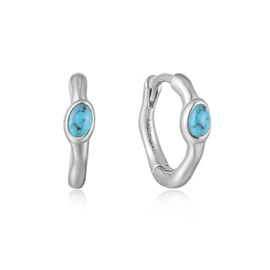 Turquoise Wave Sterling Silver Huggie Hoop Earrings plated in Rhodium