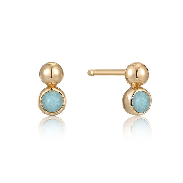 Gold Orb Amazonite Sterling Silver Stud Earrings plated in 14K Gold
