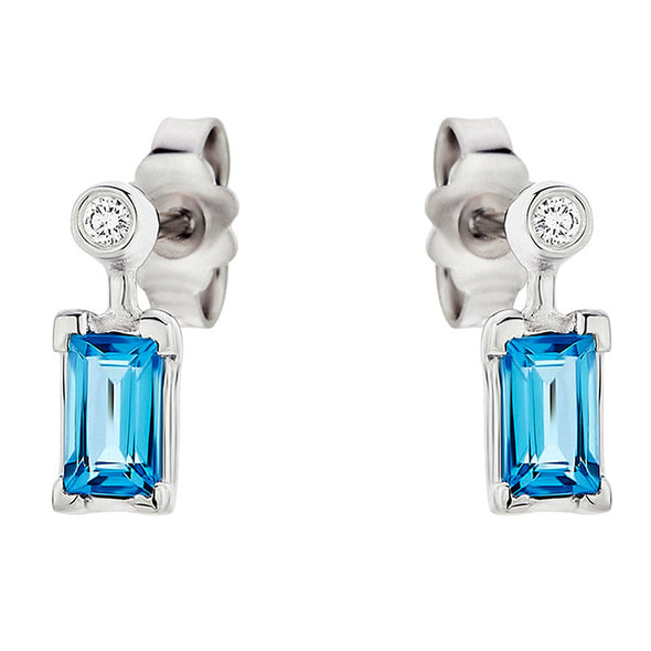 Diamond & Baguette Blue Topaz Earrings in 18K White Gold