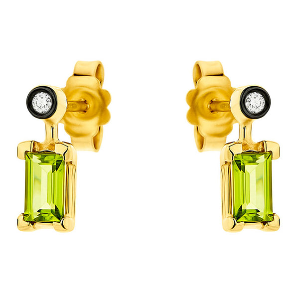 Diamond & Baguette Green Peridot Earrings in 18K Yellow Gold