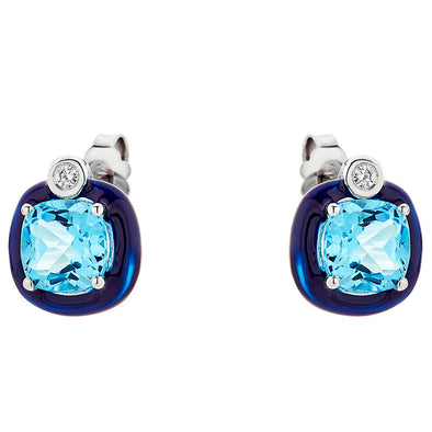 Diamond & Cushion Blue Topaz Earrings in 18K White Gold with Enamel