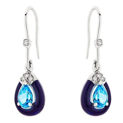 Diamond & Pear Shape Blue Topaz Earrings in 18K White Gold with Enamel
