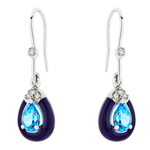 Diamond & Pear Shape Blue Topaz Earrings in 18K White Gold with Enamel
