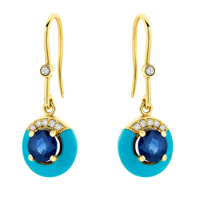 Diamond & Blue Sapphire Earrings in 18K Yellow Gold with Enamel