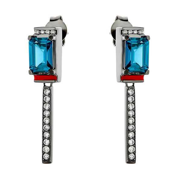 Futuro Diamond & Blue Topaz Earrings in 18K Blackened White Gold with Enamel