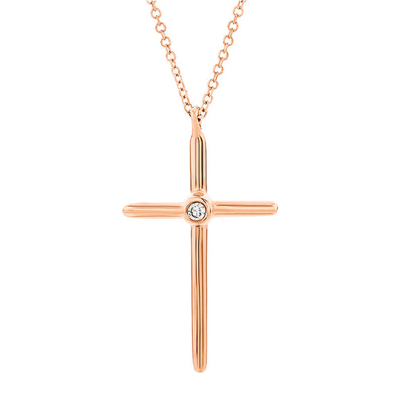 One Diamond Cross Necklace in 18K Rose Gold